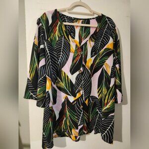 Tropical Leaf Print Sz 2XL Semi Sheer Blouse Boho BELL SLEEVES